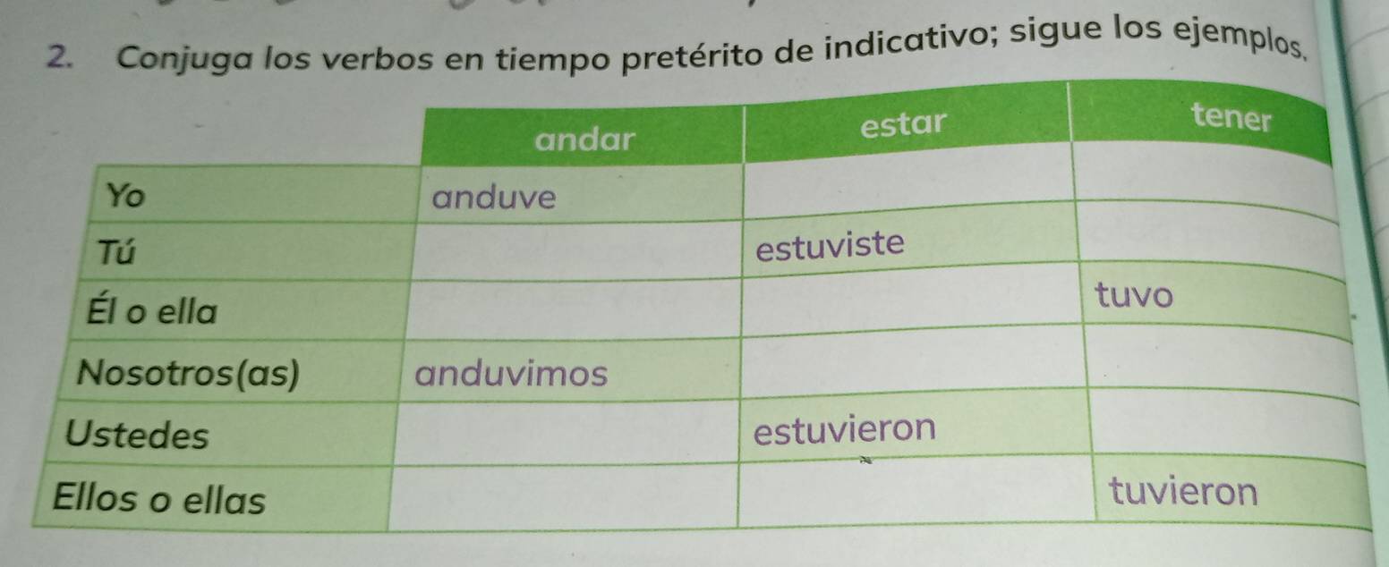 Conjuga los verbos en tiempo pretérito de indicativo; sigue los ejemplos.