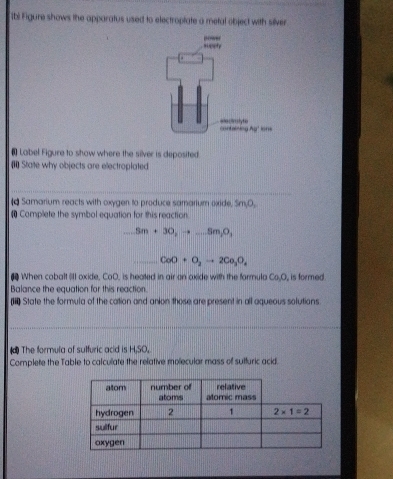 ibi Figure shows the apparatus used to electroptate a metal object with silver
Label Figure to show where the silver is deposited
State why objects are electroplated
Samarium reacts with oxygen to produce samarium oxide, Sm;O,
₹ Complete the symbol equation for this reaction...Sm+30,to ...Sm,O,
CoO+O_2to 2Co_3O_4
When cobalt (II oxide, CoO, is heated in air an oxide with the formula Co,O, is formed
Balance the equation for this reaction.
(11 State the formula of the cation and anion those are present in all aqueous solutions
The formula of sulfuric acid is H,SO.
Complete the Table to calculate the relative molecular mass of sulfuric acid.