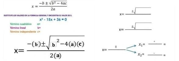 x= (-b± sqrt(b^2-4ac))/2a 
sustitute los valores en la foRmUla General y encuentra el valor de R
x=_ ± sqrt()
x^2-15x+36=0
Termino cuadrático a=
Término lineal b=
x=_ ± sqrt()
Término independiente c=
x= (-(b)± sqrt(b^2-4(a)(c)))/2(a)  x=_ ± to  x_1=frac +=
x_2= _ -=