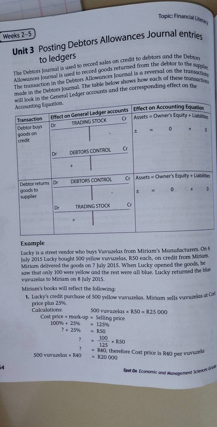 Topic: Financial Literacy 
Weeks 2-5 
Unit 3 Posting Debtors Allowances Journal entries 
to ledgers 
The Debtors Journal is used to record sales on credit to debtors and the Debtors 
Allowances Journal is used to record goods returned from the debtor to the supplier 
The transaction in the Debtors Allowances Journal is a reversal on the transactions 
made in the Debtors Journal. The table below shows how each of these transactions 
l Ledger accounts and the corresponding effect on the 
s 
Example 
Lucky is a street vendor who buys Vuvuzelas from Miriam’s Manufacturers. On 6 
July 2015 Lucky bought 500 yellow vuvuzelas, R50 each, on credit from Miriam. 
Miriam delivered the goods on 7 July 2015. When Lucky opened the goods, he 
saw that only 100 were yellow and the rest were all blue. Lucky returned the blue 
vuvuzelas to Miriam on 8 July 2015. 
Miriam's books will reflect the following: 
1. Lucky's credit purchase of 500 yellow vuvuzelas. Miriam sells vuvuzelas at Cost 
price plus 25%. 
Calculations: 500 vuvuzelas * R50=R25000
Cost price + mark-up = Selling price
100% +25% =125%
?+25% =R50
?= 100/125 * R50
?=R40 0, therefore Cost price is R40 per vuvuzela
500 vuvuzelas * R40=R20000
4 
Spot On Economic and Management Sciences Grade