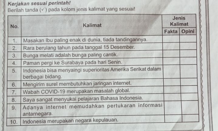 Kerjakan sesuai perintah! 
ada kolom jenis kalimat yang sesuai!