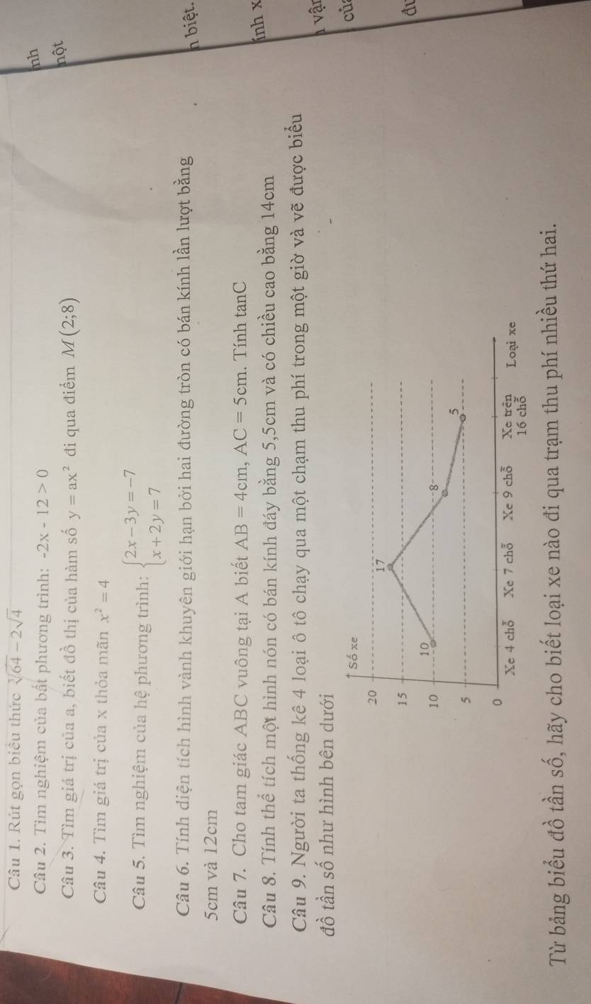 Rút gọn biều thức sqrt[3](64)-2sqrt(4)
Câu 2. Tìm nghiệm của bất phương trình: -2x-12>0
mh 
Câu 3. Tìm giá trị của a, biết đồ thị của hàm số y=ax^2 đi qua điểm M(2;8)
nột 
Câu 4. Tìm giá trị của x thỏa mãn x^2=4
Câu 5. Tìm nghiệm của hệ phương trình: beginarrayl 2x-3y=-7 x+2y=7endarray.
Câu 6. Tính diện tích hình vành khuyên giới hạn bởi hai đường tròn có bán kính lần lượt bằng 
n biệt.
5cm và 12cm
Câu 7. Cho tam giác ABC vuông tại A biết AB=4cm, AC=5cm. Tính tan C
Câu 8. Tính thể tích một hình nón có bán kính đáy bằng 5,5cm và có chiều cao bằng 14cm ính x
Câu 9. Người ta thống kê 4 loại ô tô chạy qua một chạm thu phí trong một giờ và vẽ được biểu 
đồ tần số như hình bên dưới 
1 vận 
cù 
đu 
Từ bảng biểu đồ tần số, hãy cho biết loại xe nào đi qua trạm thu phí nhiều thứ hai.