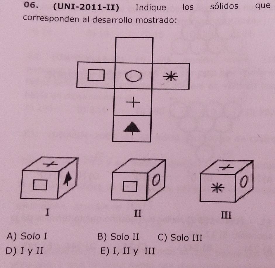 (UNI-2011-II) Indique los sólidos que
corresponden al desarrollo mostrado:
I
A) Solo I B) Solo II C) Solo III
D) I y II E) I, II y III