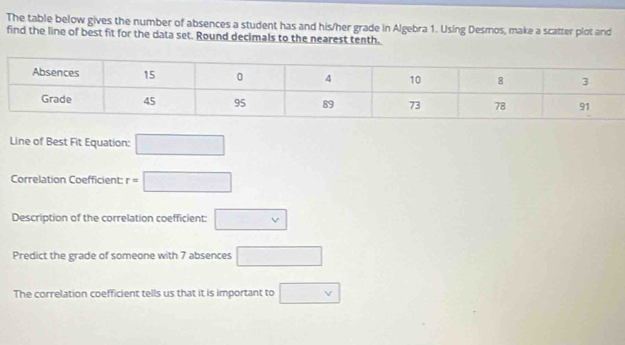 The table below gives the number of absences a student has and his/her grade in Algebra 1. Using Desmos, make a scatter plot and 
find the line of best fit for the data set. Round decimals to the nearest tenth. 
Line of Best Fit Equation: □ 
Correlation Coefficient: r=□
Description of the correlation coefficient: □ 
Predict the grade of someone with 7 absences □
The correlation coefficient tells us that it is important to □ v