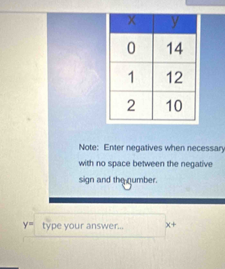 Note: Enter negatives when necessary 
with no space between the negative 
sign and the number.
y= type your answer...
X+