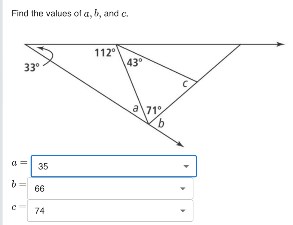 Find the values of a, b, and c.
a= 35

b= sqrt()
c= 74