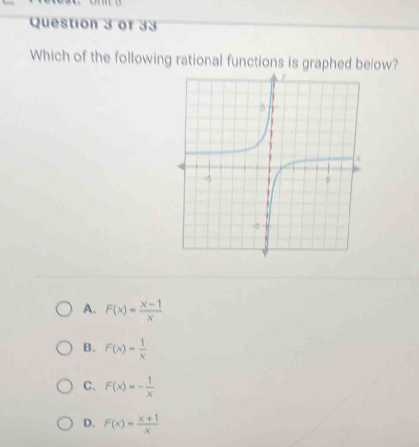 Which of the following rational functions is graphed below?
A. F(x)= (x-1)/x 
B. F(x)= 1/x 
C、 F(x)=- 1/x 
D. F(x)= (x+1)/x 