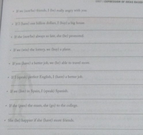 ==IIT : EXPRESSION OF IGEAS BASES 
. If we (not/be) friends, I (be) really angry with you. 
_ 
. If I (have) one billion dollars, I (buy) a big house. 
_ 
. If she (not/be) always so late, she (be) promoted. 
_ 
If we (win) the lottery, we (buy) a plane. 
_ 
If you (have) a better job, we (be) able to travel more. 
_ 
If I (speak) perfect English, I (have) a better job. 
_ 
. If we (live) in Spain, I (speak) Spanish. 
_ 
If she (pass) the exam, she (go) to the college. 
_ 
She (be) happier if she (have) more friends. 
_