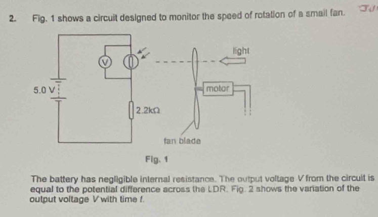 Fig. 1 shows a circuit designed to monitor the speed of rotation of a smail fan. 
The battery has negligible internal resistance. The output voltage V from the circuit is 
equal to the potential difference across the LDR. Fig. 2 shows the variation of the 
output voltage V with time f.