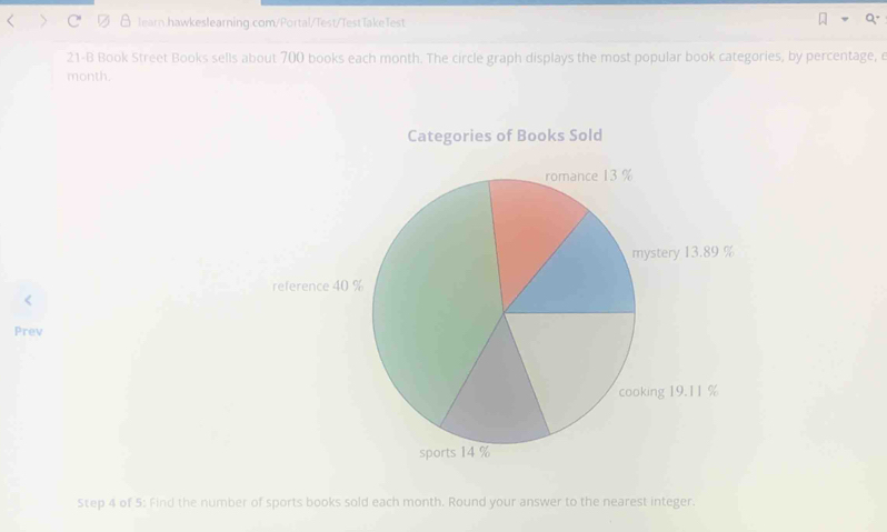 learn hawkeslearning.com/Portal/Test/TestTakeTest 
21-B Book Street Books sells about 700 books each month. The circle graph displays the most popular book categories, by percentage, e 
month. 
< 
Prev 
Step 4 of 5: Find the number of sports books sold each  month. Round your answer to the nearest integer.