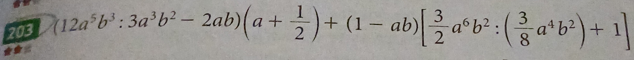 203
(12a^5b^3:3a^3b^2-2ab)(a+ 1/2 )+(1-ab)[ 3/2 a^6b^2:( 3/8 a^4b^2)+1]