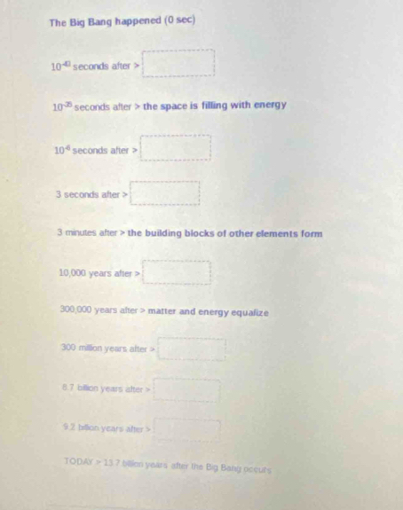 The Big Bang happened (0 sec)
10^(-□) seconds after  □ /□  
10^(-35) seconds after > the space is filling with energy
10^(-6) seconds after □
3 seconds after > □
3 minutes after > the building blocks of other elements form
10,000 years after > □
300,000 years after > matter and energy equalize
300 million years after □
8. 7 billion years after . x_
9. 2 billion years after > □
TODAY > 13.7 billion years after the Big Bang occurs