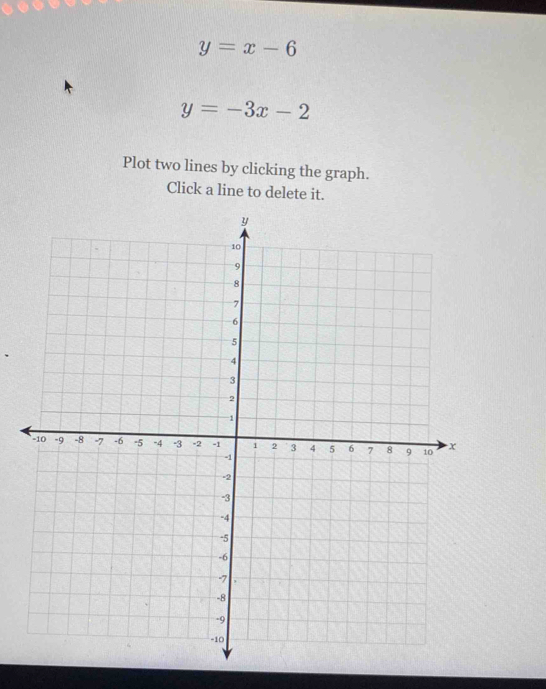 y=x-6
y=-3x-2
Plot two lines by clicking the graph.
Click a line to delete it.