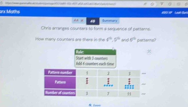 Maths Lask Bat
4 Summary
Chris arranges counters to form a sequence of patterns.
How many counters are there in the 4^(th), g^(th) n 6^(th) petterns?
Refes
Start witle 3 counters
Add 4 counters each time