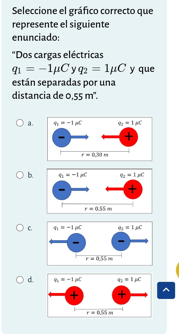 Seleccione el gráfico correcto que
represente el siguiente
enunciado:
“Dos cargas eléctricas
q_1=-1mu C y q_2=1mu C y que
están separadas por una
distancia de 0,55 m”.
a.
b. 
C.
d. 
^