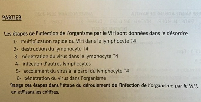 PARTIEB 
Les étapes de l'infection de l'organisme par le VIH sont données dans le désordre 
1- multiplication rapide du VIH dans le lymphocyte T4
2- destruction du lymphocyte T4
3- pénétration du virus dans le lymphocyte T4
4- infection d'autres lymphocytes 
5- accolement du virus à la paroi du lymphocyte T4 
6- pénétration du virus dans l'organisme 
Range ces étapes dans l'étape du déroulement de l'infection de l'organisme par le VIH, 
en utilisant les chiffres.