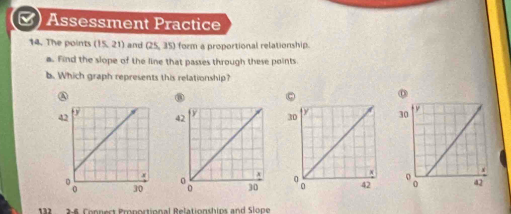 Assessment Practice 
14. The points (15,21) and (25,35) form a proportional relationship. 
. Find the slope of the line that passes through these points. 
b. Which graph represents this relationship? 
A 
③ 
o 

132 2-6. Connect Proportional Relationships and Slope