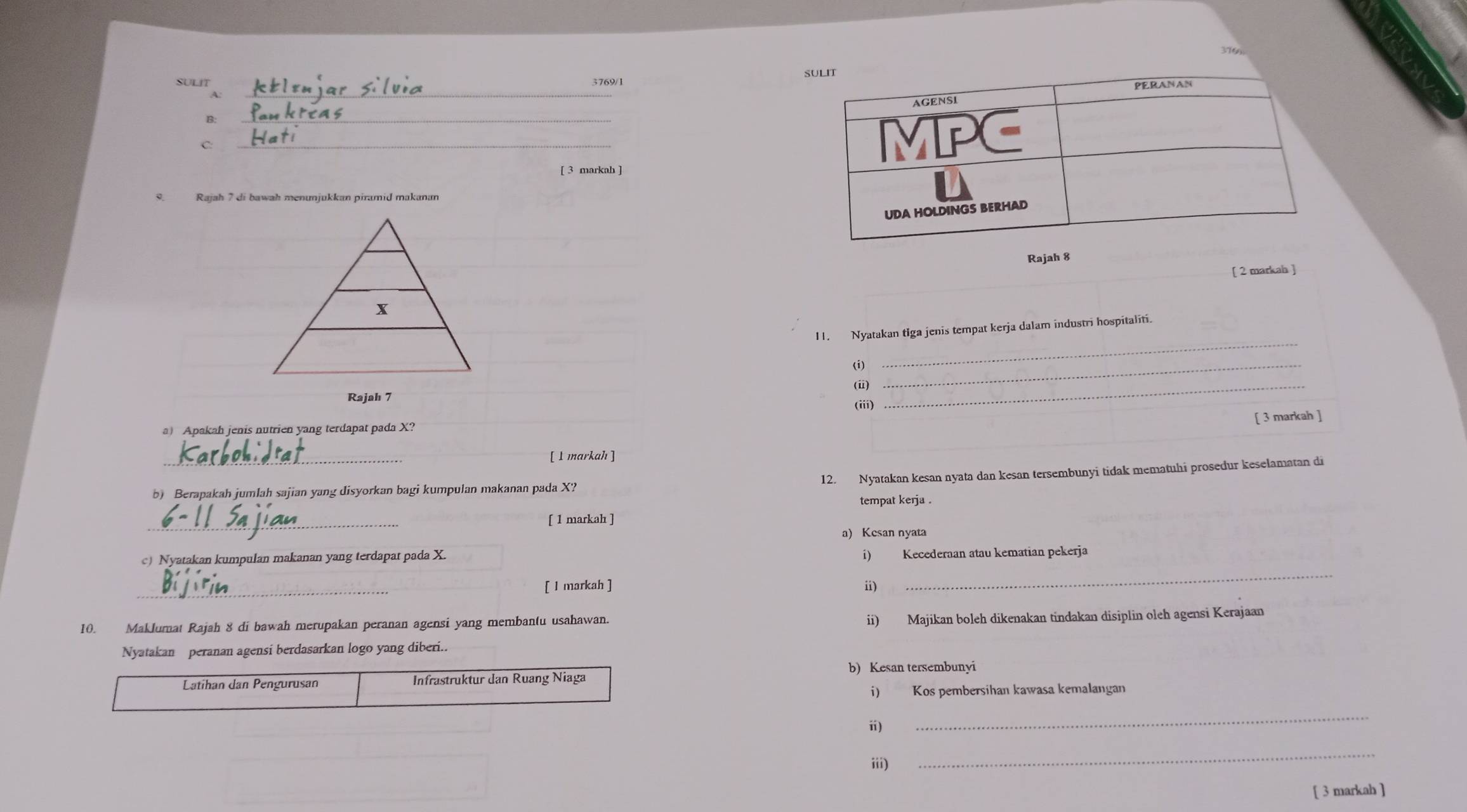 376 
SULIT 3769/1 
B. 
_ 
C: 
_ 
[ 3 markah ] 
9. Rajah 7 di bawah menunjukkan piramid makanan 
_ 
Rajah 8 
[ 2 markah ] 
11. Nyatakan tiga jenis tempat kerja dalam industri hospitaliti. 
(i) 
_ 
Rajah 7 (ii)_ 
_ 
(iii) 
[ 3 markah ] 
a) Apakah jenis nutrien yang terdapat pada X? 
_ 
_ 
[ 1 markah ] 
12. Nyatakan kesan nyata dan kesan tersembunyi tidak mematuhi prosedur keselamatan di 
b) Berapakah jumlah sajian yang disyorkan bagi kumpulan makanan pada X? 
tempat kerja . 
_ 
[ 1 markah ] 
a) Kesan nyata 
c) Nyatakan kumpulan makanan yang terdapat pada X. 
i) Kecederaan atau kematian pekerja 
_[ I markah ] ii) 
_ 
10. Maklumat Rajah 8 di bawah merupakan peranan agensi yang membantu usahawan. 
ii) Majikan boleh dikenakan tindakan disiplin oleh agensi Kerajaan 
Nyatakan peranan agensi berdasarkan logo yang diberi.. 
Latihan dan Pengurusan Infrastruktur dan Ruang Niaga b) Kesan tersembunyi 
i) Kos pembersihan kawasa kemalangan 
ii) 
_ 
iii) 
_ 
[ 3 markah ]