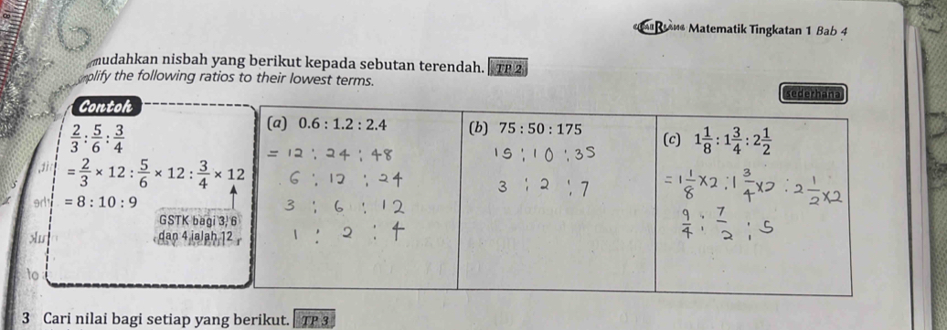 ran* Matematik Tingkatan 1 Bab 4
mudahkan nisbah yang berikut kepada sebutan terendah.  T 
plify the following ratios to their lowest terms.
3 Cari nilai bagi setiap yang berikut. TP 3