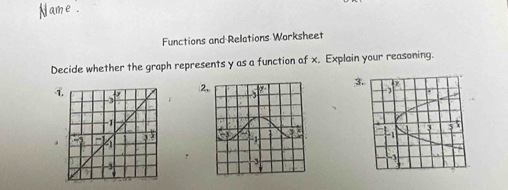 Functions and Relations Worksheet
Decide whether the graph represents y as a function of x. Explain your reasoning.
3.
(2,
4 
 
a