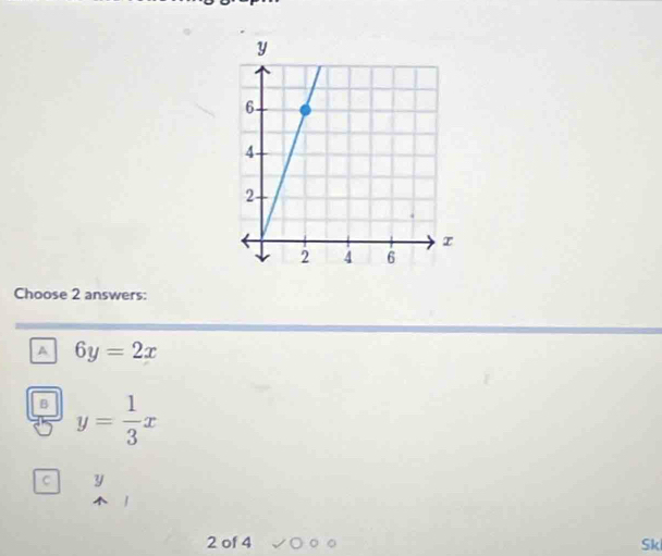 Choose 2 answers:
A 6y=2x
B y= 1/3 x
C y
2 of 4 Sk