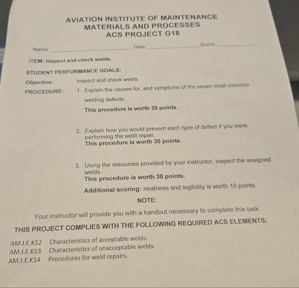 Solved: AVIATION INSTITUTE OF MAINTENANCE MATERIALS AND PROCESSES ACS ...