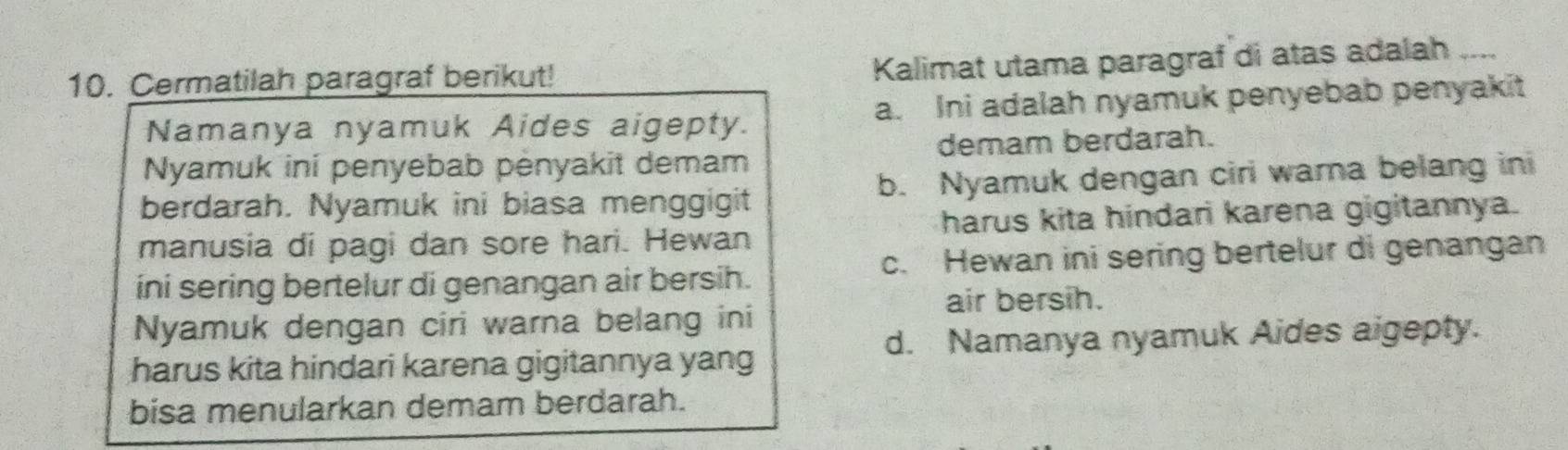 Cermatilah paragraf berikut!
Kalimat utama paragraf di atas adalah ....
Namanya nyamuk Aides aigepty. a. Ini adalah nyamuk penyebab penyakit
Nyamuk ini penyebab pėnyakit demam demam berdarah.
berdarah. Nyamuk ini biasa menggigit b. Nyamuk dengan ciri warna belang ini
manusia di pagi dan sore hari. Hewan harus kita hindari karena gigitannya.
ini sering bertelur di genangan air bersih. c. Hewan ini sering bertelur di genangan
air bersih.
Nyamuk dengan ciri warna belang ini
harus kita hindari karena gigitannya yang d. Namanya nyamuk Aides aigepty.
bisa menularkan demam berdarah.