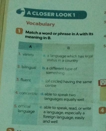 A CLOSER LOOK 1 
2 
Vocabulary 
3 
1 Match a word or phrase in A with its 4
meaning in B.
5
4