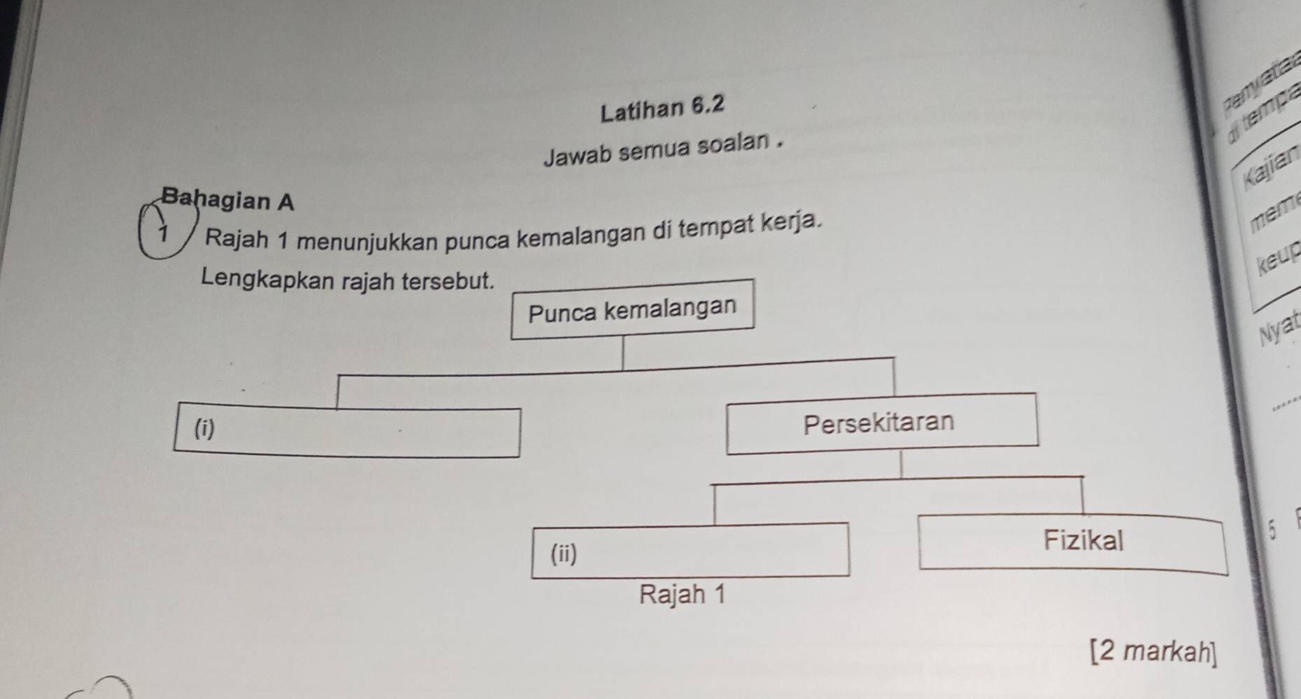 Latihan 6.2 
Panyata 
temp 
Jawab semua soalan . 
Kajian 
Baḥagian A 
1 / Rajah 1 menunjukkan punca kemalangan di tempat kerja. 
mem 
keup 
Lengkapkan rajah tersebut. 
Punca kemalangan 
Nyat 
(i) Persekitaran 
5 
(ii) 
Fizikal 
Rajah 1 
[2 markah]