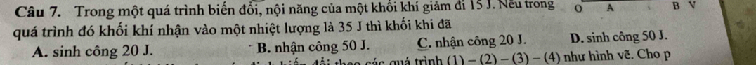 Trong một quá trình biến đổi, nội năng của một khối khí giảm đi 15 J. Nếu trong A
quá trình đó khối khí nhận vào một nhiệt lượng là 35 J thì khối khi đã B V
A. sinh công 20 J. B. nhận công 50 J. C. nhận công 20 J. D. sinh công 50 J.
g o s á c quá trình (1) -(2 -( 3) − (4) như hình vẽ. Cho p