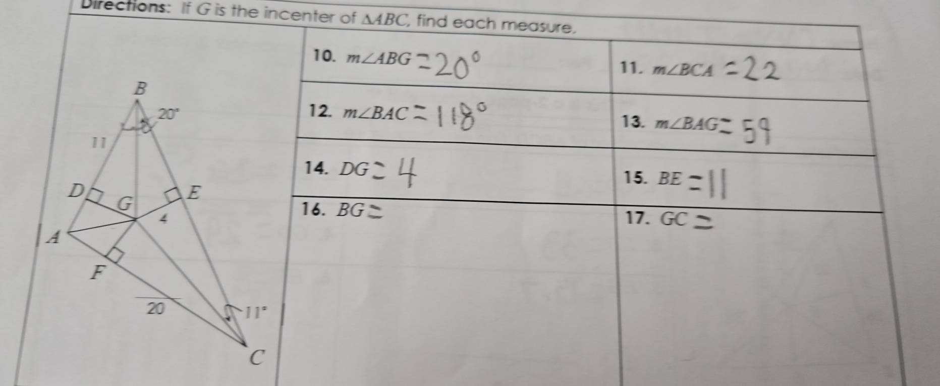 Directions: If G is the incenter of △ ABC ,