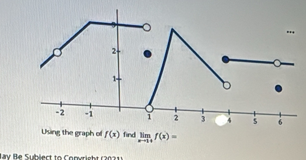 …
2
1 -
-2 -1
1 2 3 4 5 6
Using the graph of f(x) find limlimits _xto 1+f(x)=
Jay Be Subiect to Convright (2021)