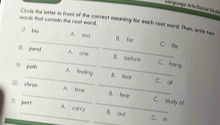 Solved: Language Arts/Social Studl words that contain the root word ...