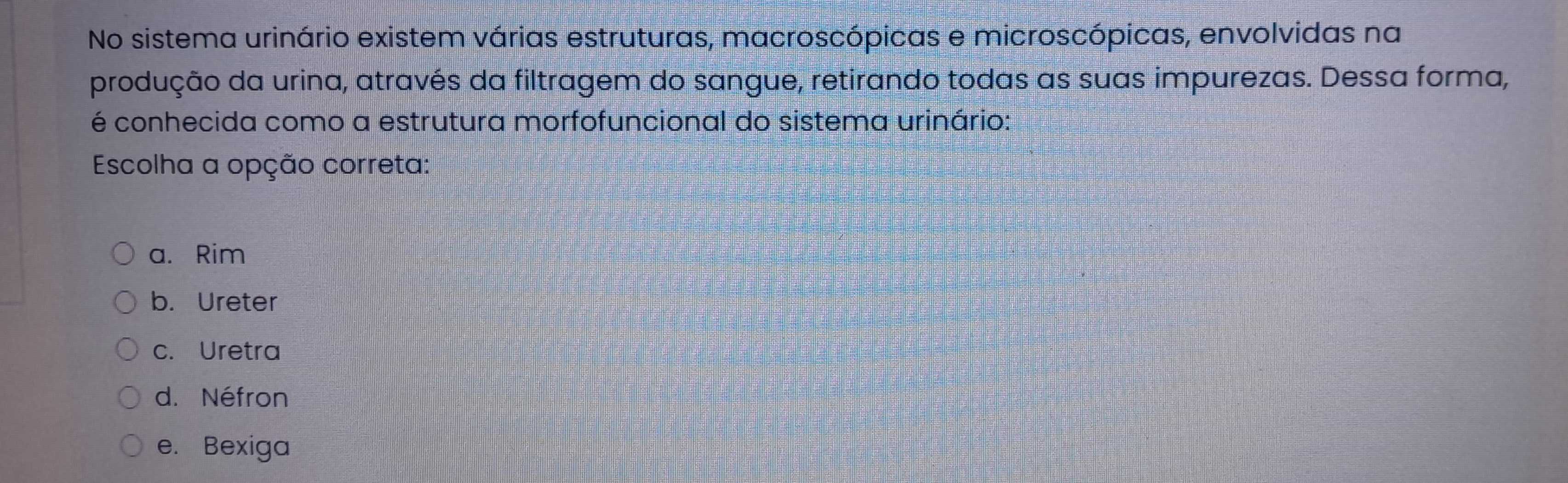 No sistema urinário existem várias estruturas, macroscópicas e microscópicas, envolvidas na
produção da urina, através da filtragem do sangue, retirando todas as suas impurezas. Dessa forma,
é conhecida como a estrutura morfofuncional do sistema urinário:
Escolha a opção correta:
a. Rim
b. Ureter
c. Uretra
d. Néfron
e. Bexiga