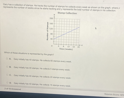 Gary has a collection of stamps. He tracks the number of stamps he collects every week as shown on the graph, where x
represents the number of weeks since he starts tracking and y represents the total number of stamps in his collection.
Stamp Collection
Time (weeks)
Which of these situations is represented by the graph?
A. Gary initially has 40 stamps. He collects 60 stamps every week.
B. Gary initially has 40 stamps. He collects 5 stamps every week.
C. Gary initially has 40 stamps. He collects 20 stamps every week.
D. Gary initially has 40 stamps. He collects 15 stamps every week.
2 of 10 Answered Session Score: 50%