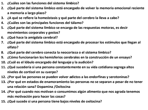 ¿Cuáles son las funciones del sistema límbico? 
2. ¿Qué parte del sistema límbico está encargado de volver la memoria emocional reciente 
a memoria a largo plazo? 
3. ¿A qué se refiere la homeóstasis y qué parte del cerebro la lleva a cabo? 
4. ¿Cuáles son las principales funciones del tálamo? 
5. ¿Qué parte del sistema límbico se encarga de las respuestas motoras, es decir 
movimientos corporales y gestos? 
6. ¿Qué hace la amígdala cerebral? 
7. ¿Qué parte del sistema límbico está encargado de procesar los estímulos que llegan al 
olfato? 
8. ¿Qué parte del cerebro conecta la neocorteza o el sistema límbico? 
9. ¿Cómo funcionarían los hemisferios cerebrales en la construcción de un ensayo? 
10. ¿Cuál es el lóbulo encargado del lenguaje y la audición? 
11. ¿Qué sucedería si una persona constantemente en su vida cotidiana segrega altos 
niveles de cortisol en su cuerpo? 
12. ¿Por qué las personas se pueden volver adictos a las endorfinas y serotoninas? 
13. ¿Por qué en estados de enamoramiento las personas no se separan a pesar de no tener 
una relación sana? Dopamina /Oxitocina 
14. ¿Por qué cuando nos motivan o consumimos algún alimento que nos agrada tenemos 
más motivación para hacer las cosas? 
15. ¿Qué sucede si una persona tiene bajos niveles de oxitocina?