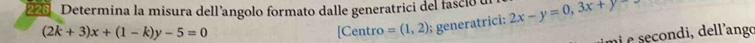 226 Determina la misura dellíangolo formato dalle generatrici del fasció o 2x-y=0,3x+y
(2k+3)x+(1-k)y-5=0 [ Centro =(1,2); generatrici:
i é secondi, dell'ango