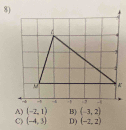 A) (-2,1) B) (-3,2)
C) (-4,3) D) (-2,2)