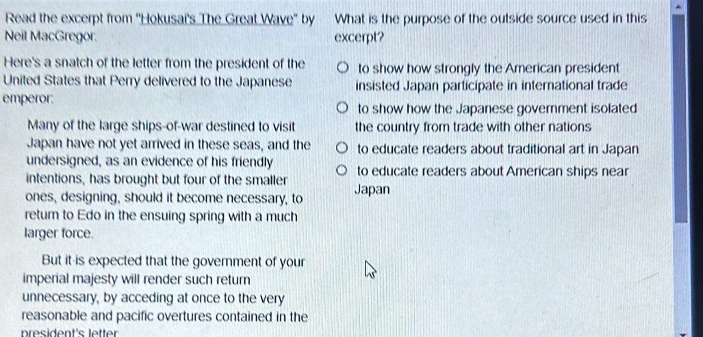Solved: Read the excerpt from ''Hokusai's The Great Wave' by What is ...