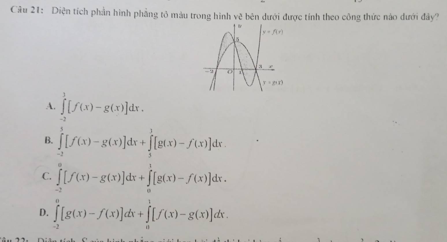 Diện tích phần hình phẳng tô màu trong hình vẽ bên dưới được tính theo công thức nào dưới đây?
A. ∈tlimits _(-2)^3[f(x)-g(x)]dx.
B. ∈tlimits _(-2)^5[f(x)-g(x)]dx+∈tlimits _5^3[g(x)-f(x)]dx
C. ∈tlimits _(-2)^0[f(x)-g(x)]dx+∈tlimits _0^1[g(x)-f(x)]dx
D. ∈tlimits _(-2)^0[g(x)-f(x)]dx+∈tlimits _0^1[f(x)-g(x)]dx