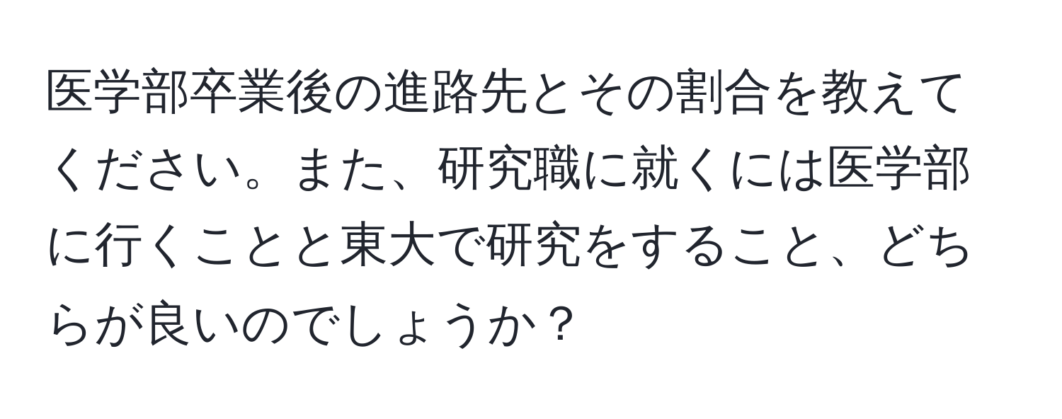 医学部卒業後の進路先とその割合を教えてください。また、研究職に就くには医学部に行くことと東大で研究をすること、どちらが良いのでしょうか？