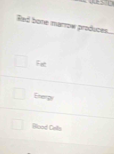 Red bone marrow produces.
Fat
Energy
Blood Cells