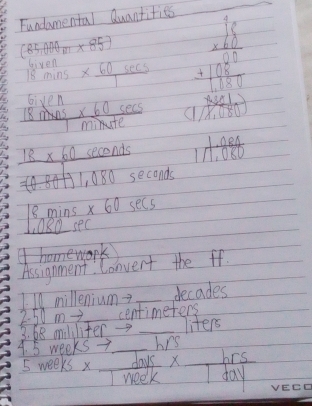 Fundamental Quantifics
(85,000m* 85) beginarrayr 3frac 320 =120 □  hline 2 hline endarray 
biven
18 mi 175 *  60sec s/1 
Etlon 
frac 8mis*  60sec s/minute  C
_ 18* 60 econds 11.084 1encloselongdiv 1,080
 1/2 
=(0.80 11,080 seconds
18 mins x60sec 5
1, 080 sec
I homework 
Assignment Convert the ff. 
Ill millenium _ decades
2. 50 m _ centimeters
3. 68 miluliter _ liters
4. 5 weeks _ hrs
5 weeks x _ days x _hrs_
week I day