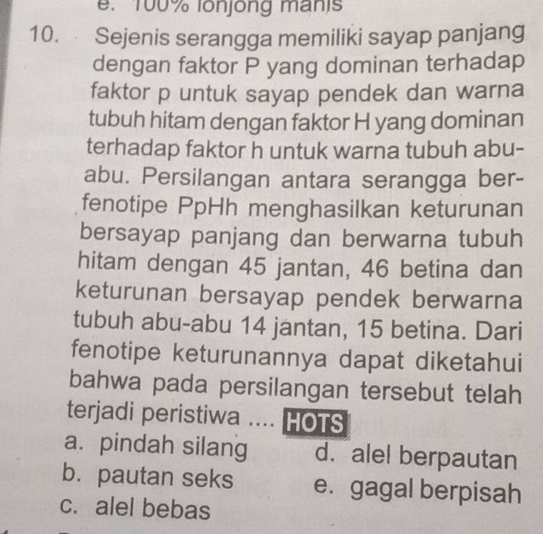 100% lonjong manis
10. Sejenis serangga memiliki sayap panjang
dengan faktor P yang dominan terhadap
faktor p untuk sayap pendek dan warna
tubuh hitam dengan faktor H yang dominan
terhadap faktor h untuk warna tubuh abu-
abu. Persilangan antara serangga ber-
fenotipe PpHh menghasilkan keturunan
bersayap panjang dan berwarna tubuh
hitam dengan 45 jantan, 46 betina dan
keturunan bersayap pendek berwarna
tubuh abu-abu 14 jantan, 15 betina. Dari
fenotipe keturunannya dapat diketahui
bahwa pada persilangan tersebut telah
terjadi peristiwa .... HOTS
a. pindah silang d. alel berpautan
b. pautan seks e. gagal berpisah
c. alel bebas