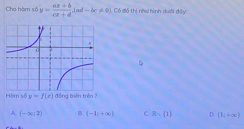 Cho hàm số y= (ax+b)/cx+d , (ad-bc!= 0). Có đồ thị như hình dưới đây:
Hàm số y=f(x) đồng biến trên ?
A. (-∈fty ;2) B. (-1;+∈fty ) C. R D. (1;+∈fty )
c.