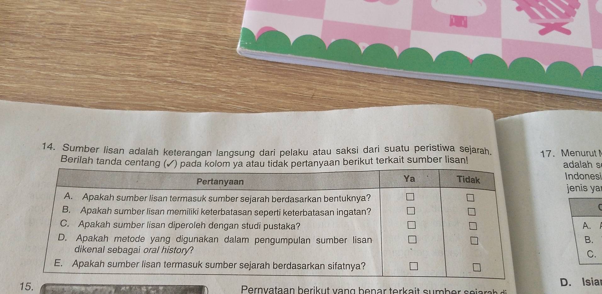 Sumber lisan adalah keterangan langsung dari pelaku atau saksi dari suatu peristiwa sejarah.
17. Menurut 
Berilah tanda centang anyaan berikut terkait sumber lisan! adalah s
Indonesi
jenis ya
D. Isia
15. Pernvataan berik u t v n g b en ar terk a i t s ber ei a a