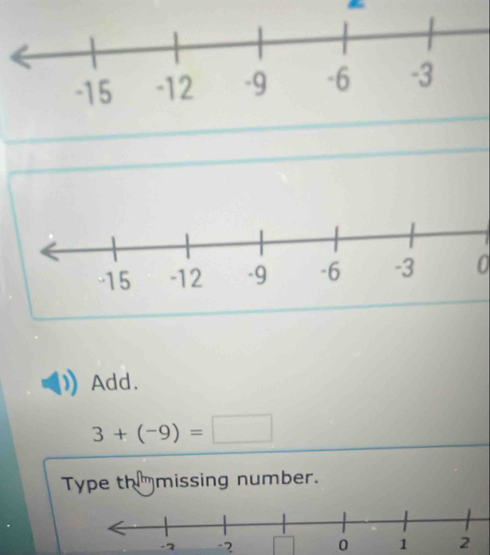 Add.
3+(-9)=□
Type th missing number.
-2 0