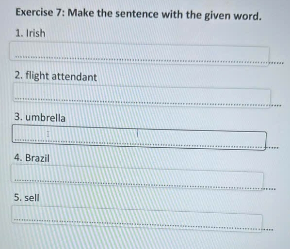 Make the sentence with the given word. 
1. Irish 
2. flight attendant 
3. umbrella 
4. Brazil 
5. sell