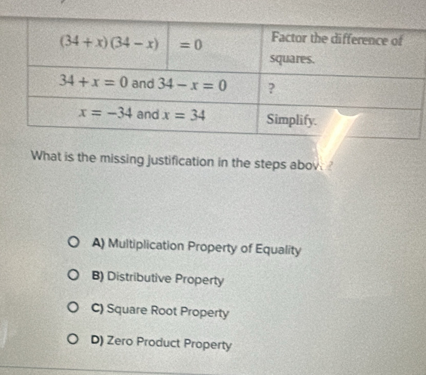 What is the missing justification in the steps abov
A) Multiplication Property of Equality
B) Distributive Property
C) Square Root Property
D) Zero Product Property