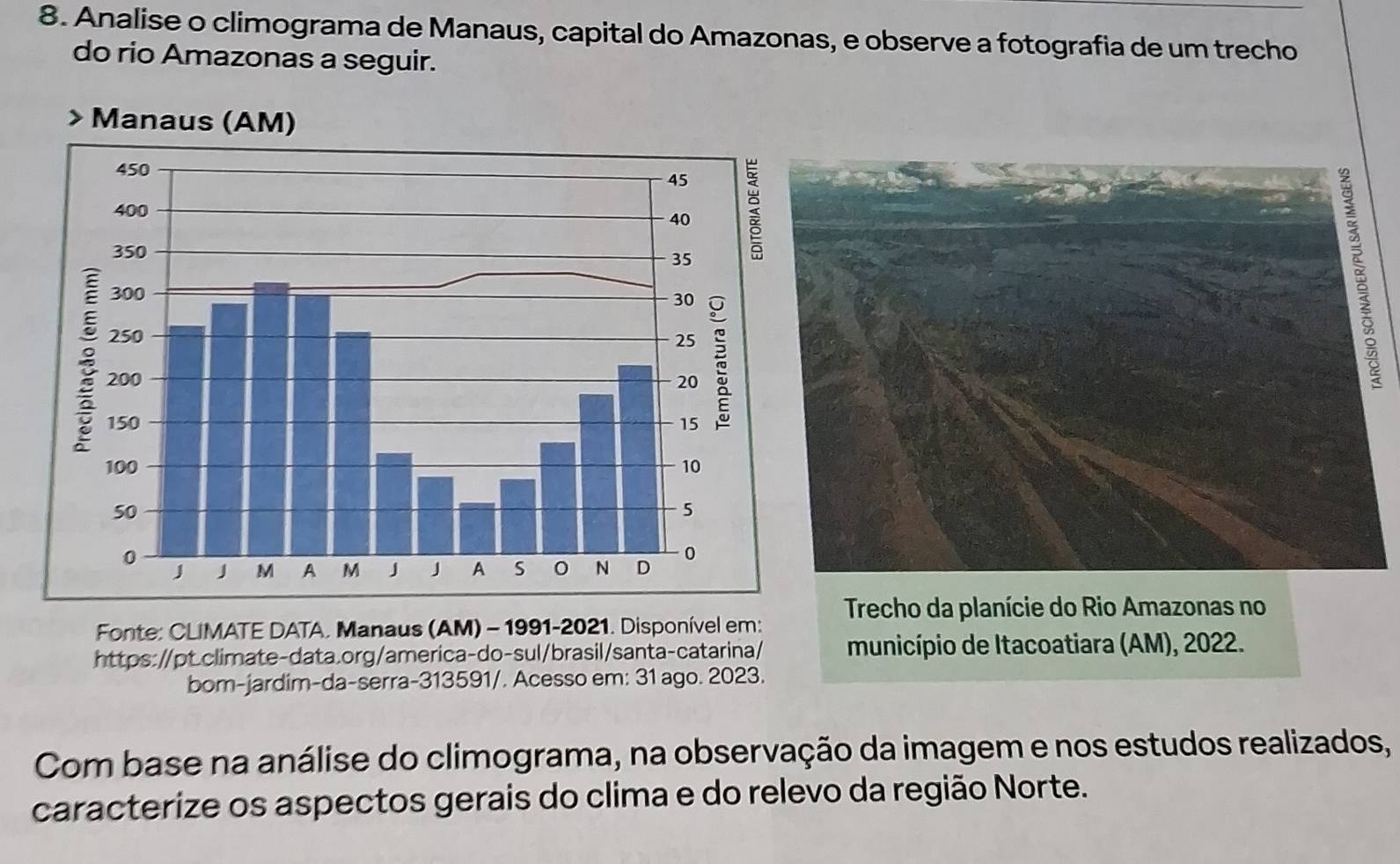 Analise o climograma de Manaus, capital do Amazonas, e observe a fotografia de um trecho 
do rio Amazonas a seguir. 
Fonte: CLIMATE DATA. Manaus (AM) - 1991-2021. Disponível em: Trecho da planície do Rio Amazonas no 
https://pt.climate-data.org/america-do-sul/brasil/santa-catarina/ município de Itacoatiara (AM), 2022. 
bom-jardim-da-serra-313591/. Acesso em: 31 ago. 2023. 
Com base na análise do climograma, na observação da imagem e nos estudos realizados, 
caracterize os aspectos gerais do clima e do relevo da região Norte.